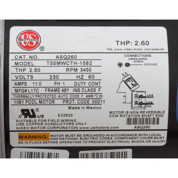 Motor, Nidec/US Motor, 2.0hp, 230v, 1-Spd, 48Yfr, SQFL : ASQ260