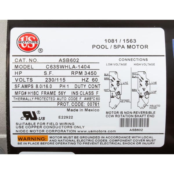 Motor, Nidec/US Motor, 1.5hp, 115v/230v, 1-Spd, 56Y Frame : ASB602