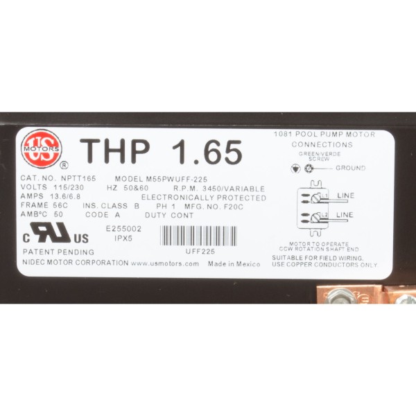 Motor, US Motor Neptune, 1.25thp, SQFL, Var-Spd, 115/230v, 48Y : NPTQ125