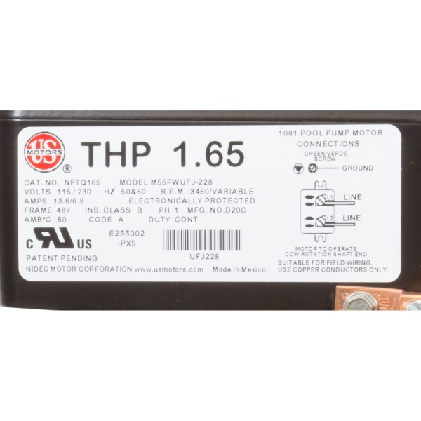 Motor, US Motor Neptune, 1.65thp, SQFL, Var-Spd, 115/230v, 48Y : NPTQ165