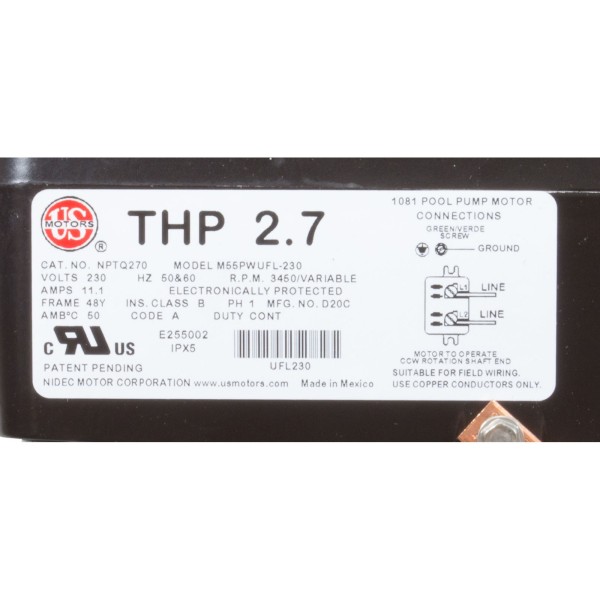 Motor, US Motor Neptune, 2.7thp, SQFL, Var-Spd, 230v, 48Y : NPTQ270