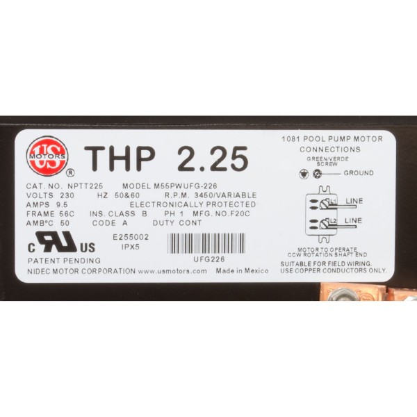 Motor, US Motor Neptune, 2.25thp, C-Face, Var-Spd, 230v, 48Y : NPTT225