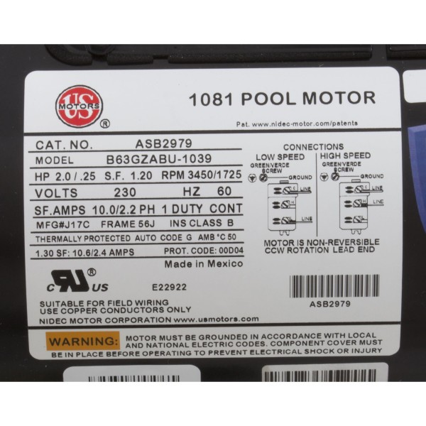 Motor, Nidec/US Mtr, 2.0hp, 230v, 2-Spd, 56Jfr, C-Face, Thd, Full : ASB2979