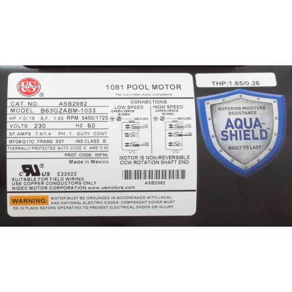 Motor, Nidec/US Motor, 1.0hp, 230v, 2-Spd, 56Yfr, SQFL, Full : ASB2982