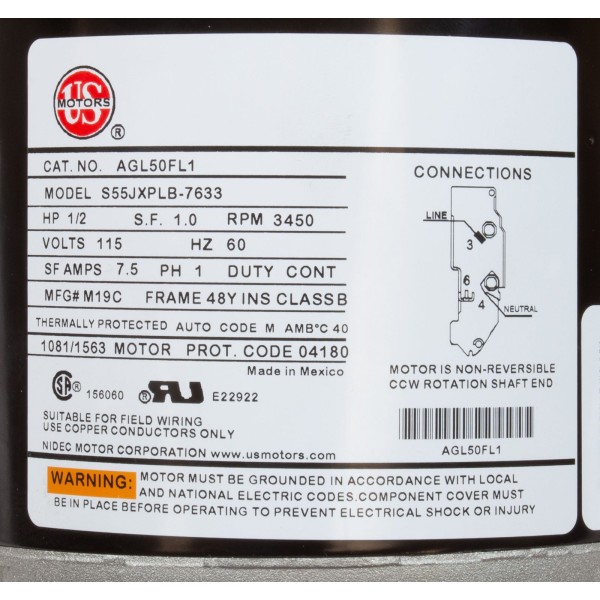 Motor, Nidec/US Motor, 0.5hp, 115v, 1-Speed, 48Y Frame : AGL50FL1