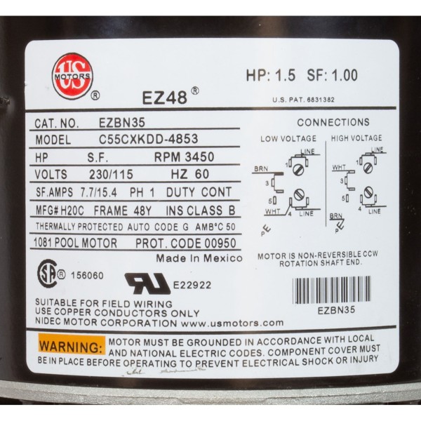 Motor, Nidec/US Motor, 1.5hp, 115v/230v, 1-Spd, 48Y Frame : EZBN35