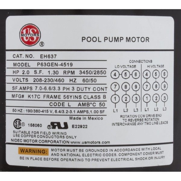Motor, Nidec/USMtr, 2.0hp, 208-230/460v, 1-Spd, 56Yfr, SQFL, Full : EH637