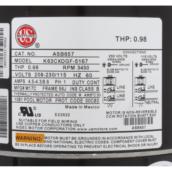 Motor, Nidec/USMtr, 0.5hp, 115/230v, 1Spd, 56Jfr, CFace, Thd, Full : ASB657