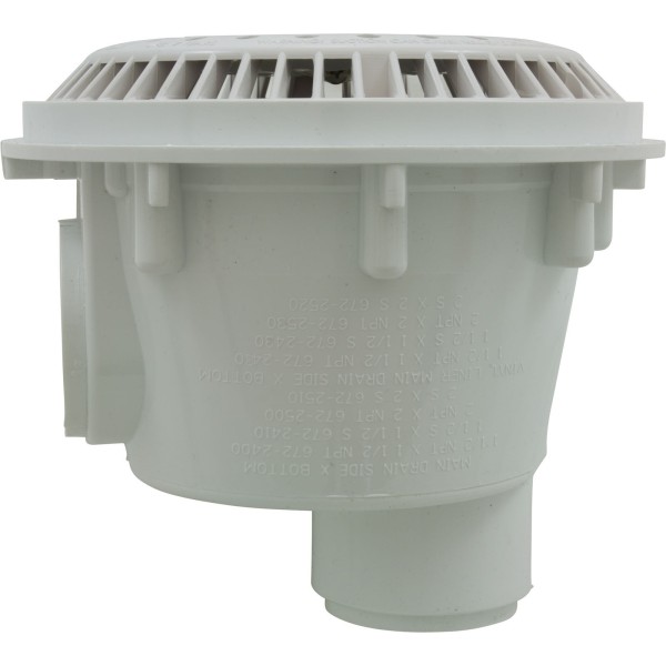 Main Drain, WW Anti Vortex, 8" Round, Gun, 2"s, Side, White : 640-2520 V