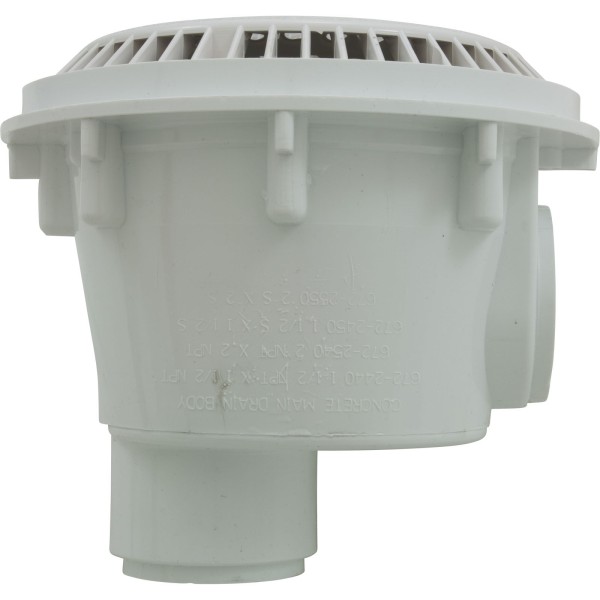 Main Drain, WW Anti Vortex, 8" Round, Gun, 2"s, Side, White : 640-2520 V