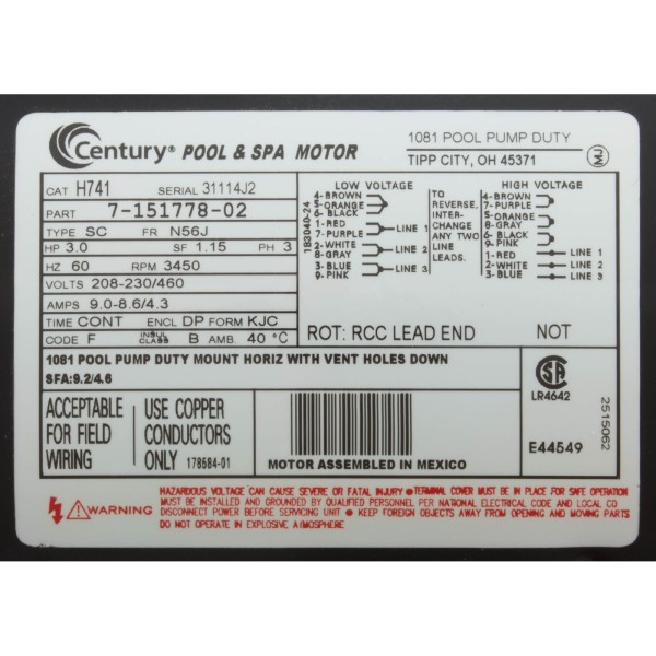 Motor, Century, 3.0hp, 208v-230v/460v, 3ph, 56Jfr, C-Face Thd : H741