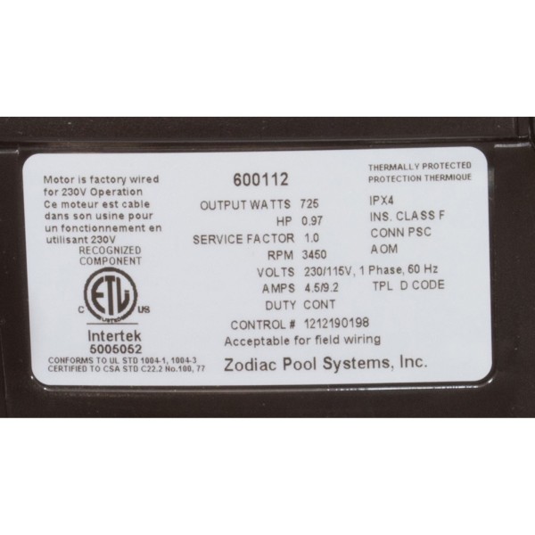 Pump, Zodiac Polaris, 1.0HP, 230/115 V, 3/4" Inlet/Outlet : PB4SQ