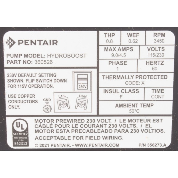 Pump, Booster, Pentair HydroBoost, 0.8thp, 115/230v, 1-Spd, TEFC : 360526