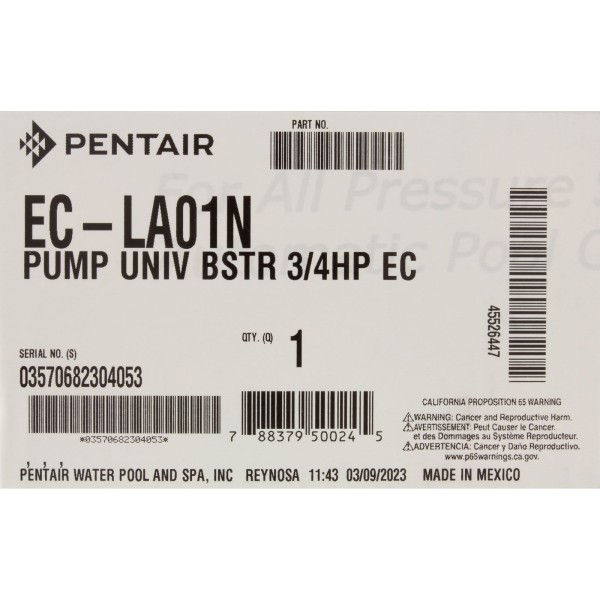 Pump, Booster, Pentair, 3/4hp, 115v/230v, E-Comm Only : EC-LA01N