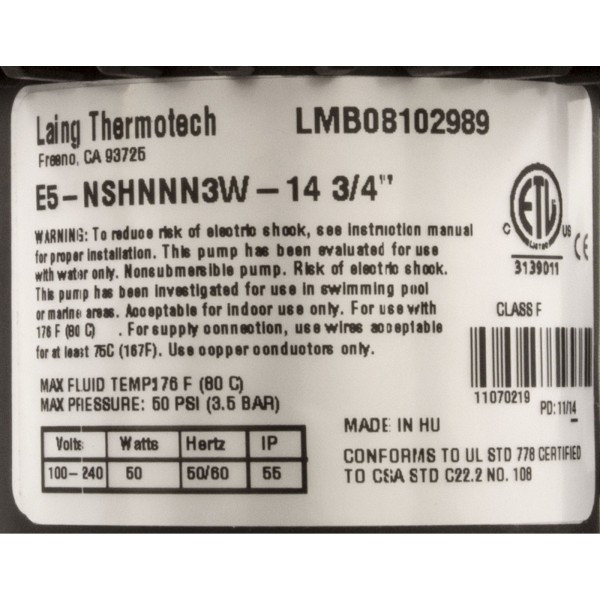 Pump, Laing Circ, Series E5, 115v/230v, 3/4"b, w/4ft Cord, OEM : 10-0102-K