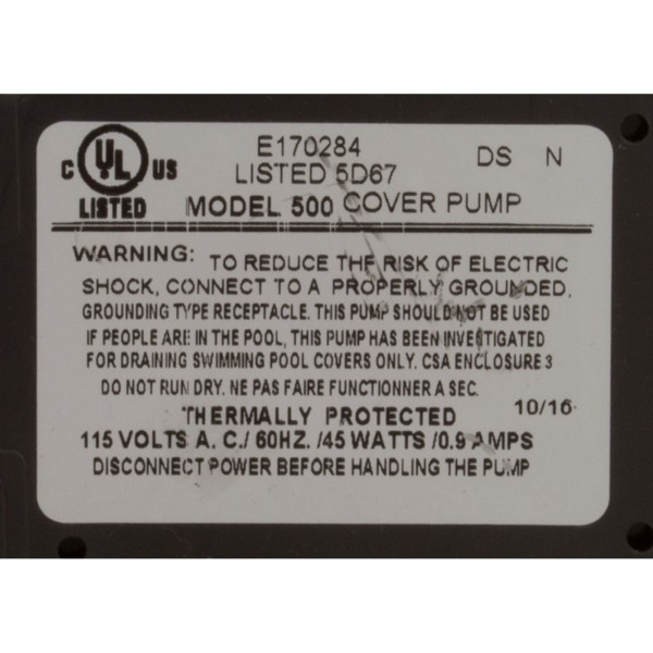 Pump, Submersible, Danner Cover Care Model 500, 45W, 3/4"GHT : 02555