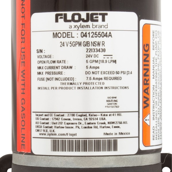 Pump, Xylem Flojet 4100 Quad, 24VDC, 5A, 5.0GPM : 4125-504A