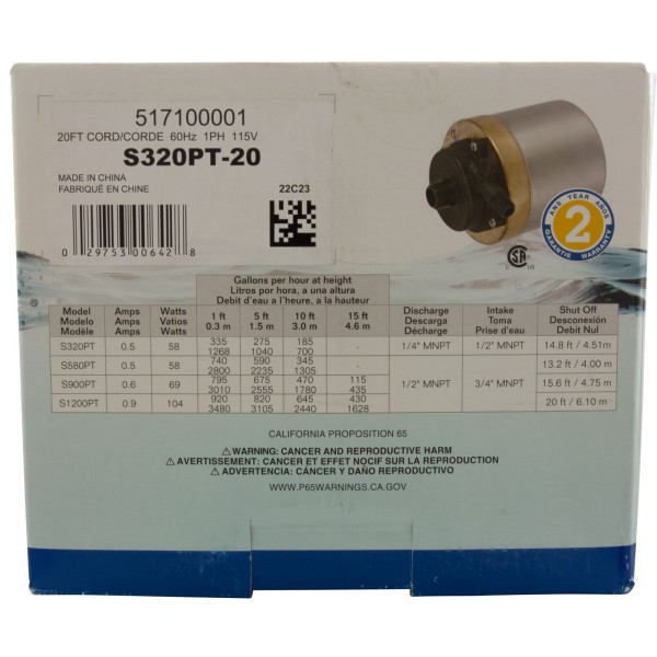 Pump, Circ, Little Giant S320PT-20, 115v, 335gph, 1/4" x 1/2" : 517100001