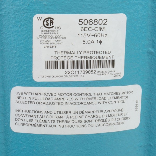 Pump, Sump, Little Giant 6EC-CIM, 115v, Plastic Base, 20ft Cord : 506802